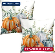 Fall Harvest Throw Pillow Covers 16x16 Set of 2 Autumn Orange Blue Pumpkin Pillo