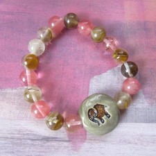 Elephant Serenity: Ceramic Stretch Bracelet with Pink Cherry Quartz Beads
