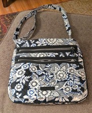 Vera Bradley Snow Lotus Triple Zip Hipster Crossbody Bag Black White Blue Flower
