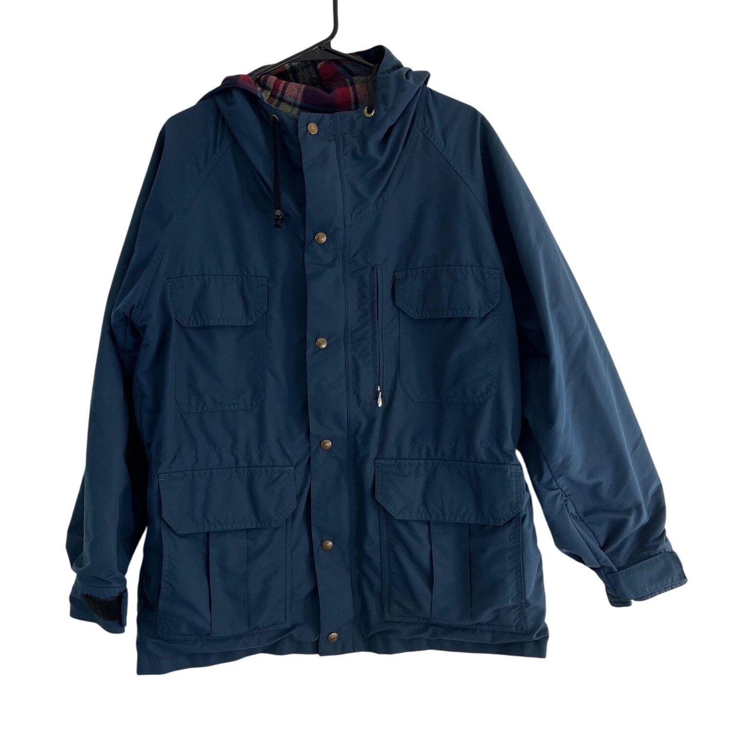 REI Insulated Hooded Jacket Navy Blue Plaid Lined Outdoor Adventure Size Medium