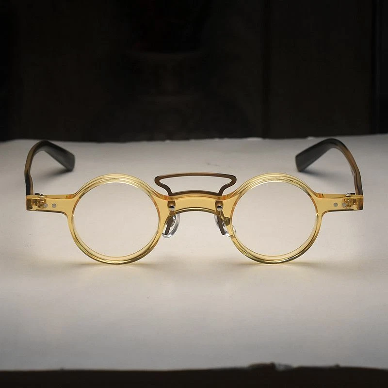 Men's vintage solid acetate eyeglasses yellow crystal round glasses arts eyewear - Image 3 of 4