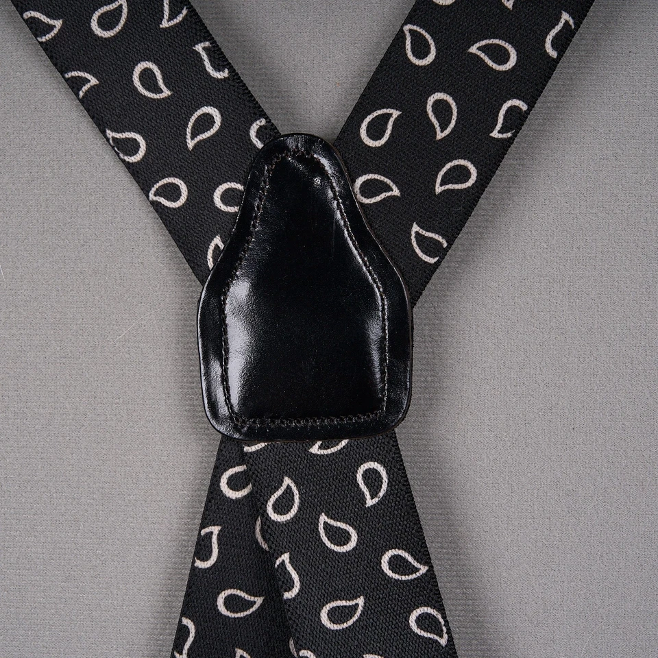 CAS Suspenders West Germany Leather Paisley Black Elastic Gold Clips - Image 3 of 4