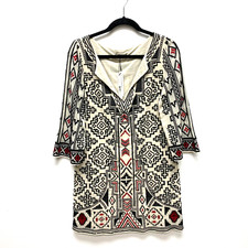 Alice + Olivia Black Beige Aztec Embroidered V-Neck Lowell Shift Dress S $485