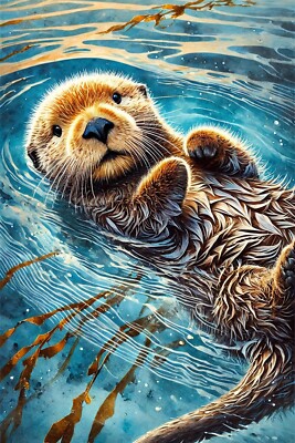 Sea Otter Relaxing Watercolour Painting Framed Canvas Wall Art Poster Print
