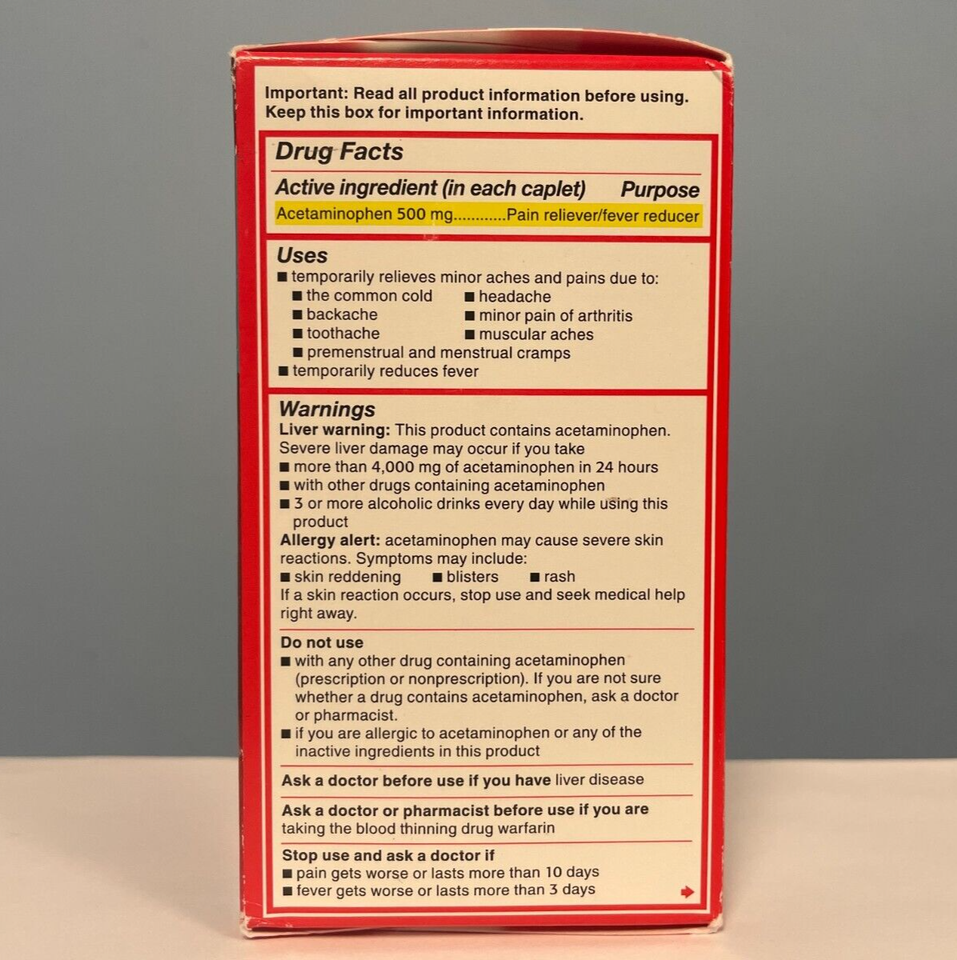 Tylenol Acetaminophen 500mg Extra Strength Easy to Swallow 200 Caps EXP