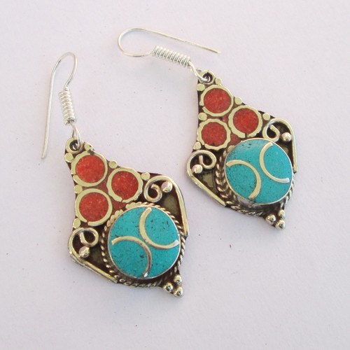 Tribal Genuine Turquoise Coral Multi-color Earrings for women wear jewellery - Picture 2 of 7