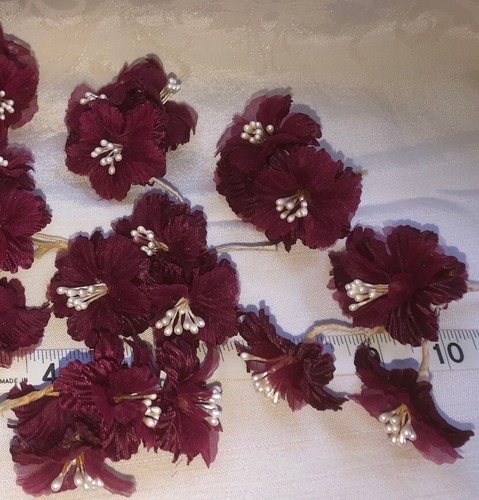 Vintage Millinery Fabric Flower Wire Bunches Wedding Lot Burgundy Wine - Picture 3 of 8