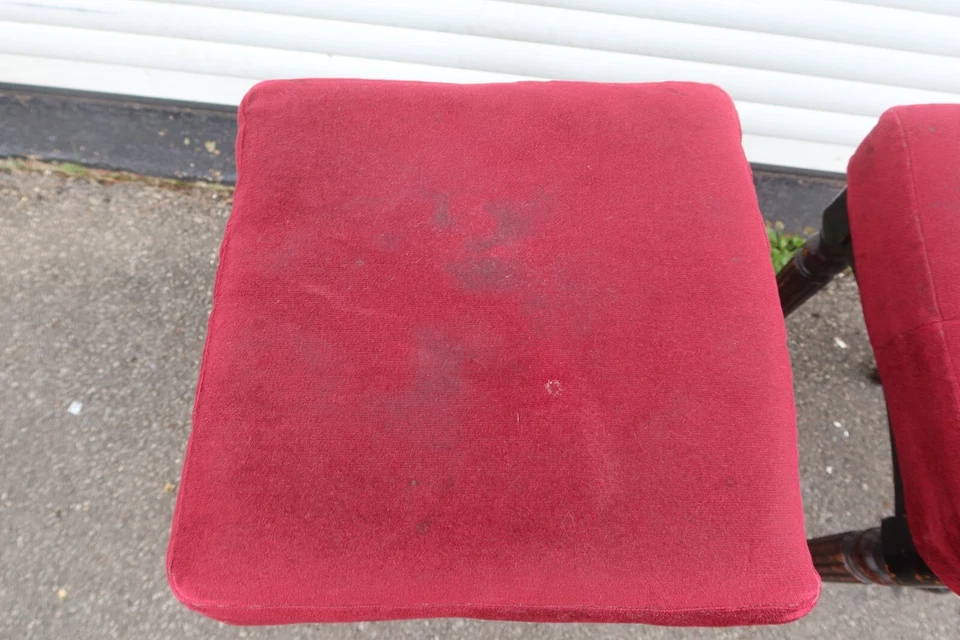 Pair of Two Vintage Pub Stools Red Square Upholstered Top Wooden Mahogany? Legs - Image 2 of 4