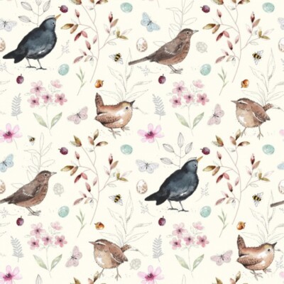 Nutex Stoff - Vogelgezwitscher - Gartenvögel auf creme - Patchwork Quilten Schneiderei