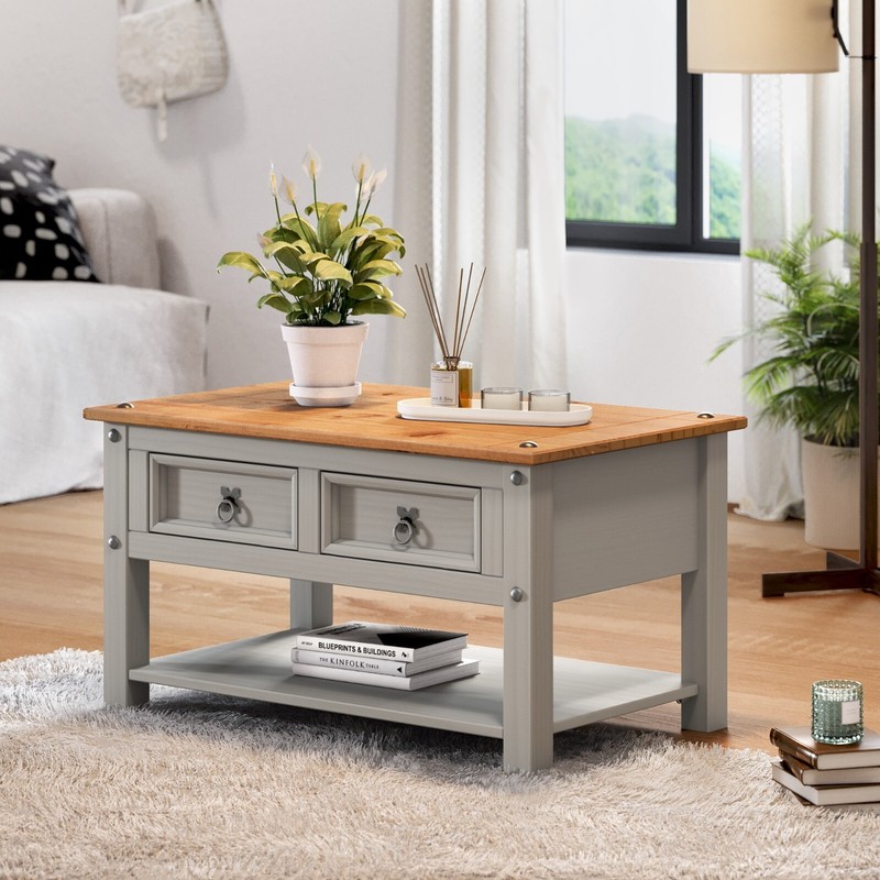Corona Coffee Table Grey Wax 2 Drawers Solid Wood Mexican Pine Wooden Mercers®