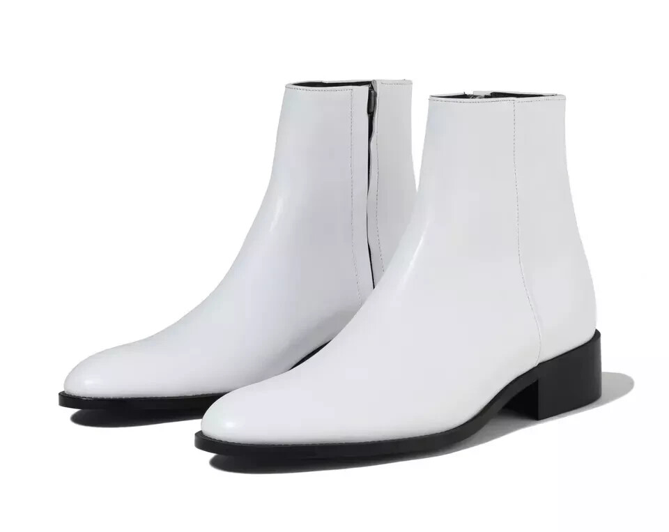 white leather dress boots Handmade Ankle Zipper Genuine Formal Classic For Men knee high white boots men