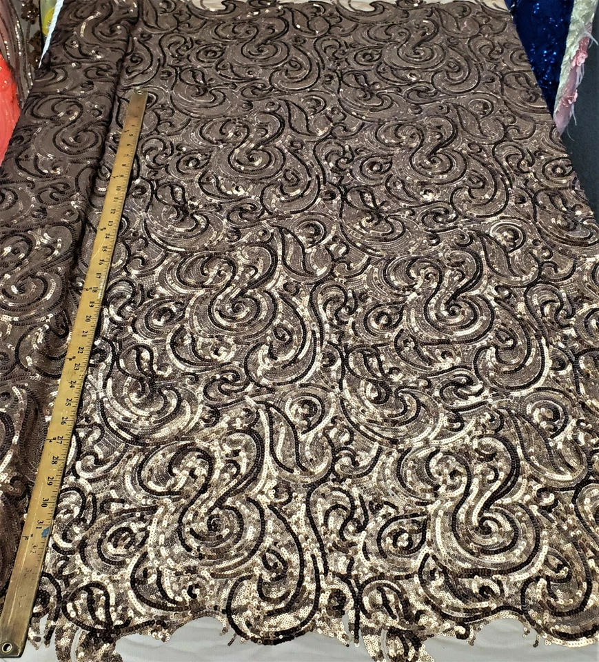 Matte Coffee Curly Sequin Fabric on Poly Mesh "The Spiral Sequin" - BTY  - Image 2 of 4