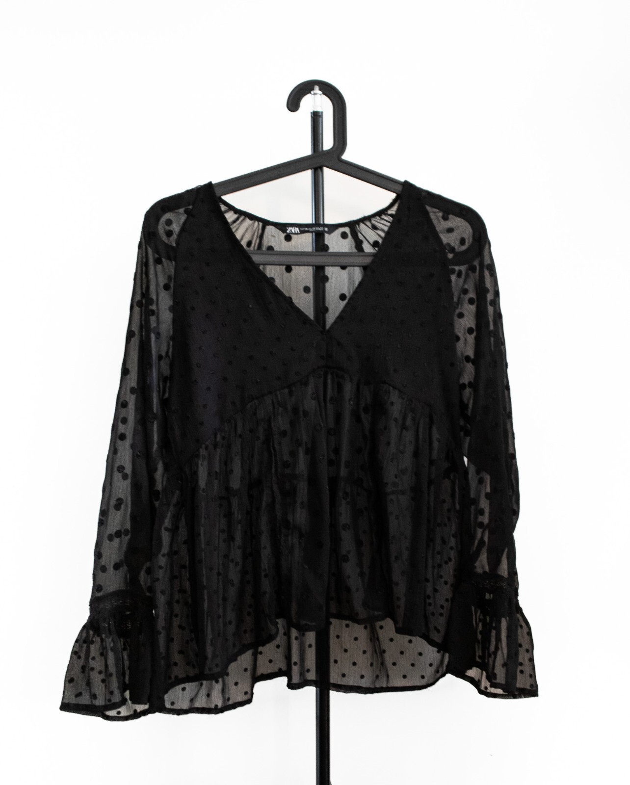ZARA Sheer Polka Dot Goth Blouse Black Gem