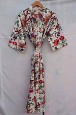Indian Bird Printed 100 Cotton Robe Long Kimono Sleepwear Night Kimono Dress