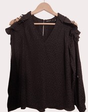 Exquisite Karen Millen Black Leopard‑Texture Lace‑Up Blouse –Size 8 -Long Sleeve