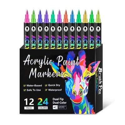 12Pcs Acrylic Paint Pen Double Ended Brush Tip Acrylic Markers 24 Color