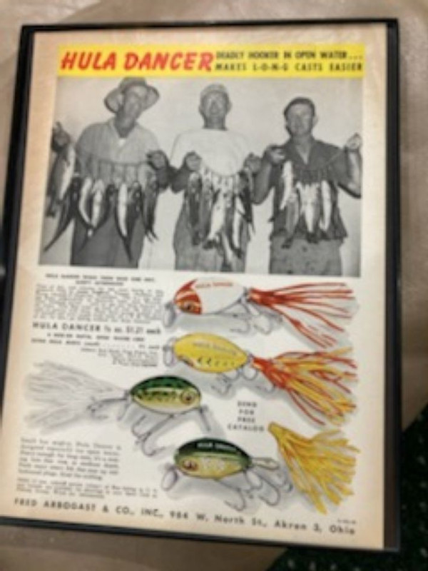 Hula Dancer fishing lures add framed app 9x11" 1940s