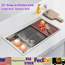 33" Drop-in Single Bowl Kitchen Sink Top Mount 304 Stainless Steel Silver