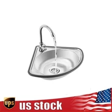 Single Triangle Wash Basin, Corner Sink Small Bar Sink Stainless Steel w/ Faucet