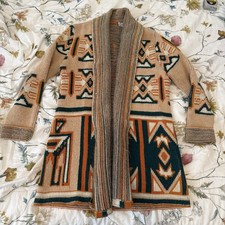 Vintage 70s Teal Green Aztec Cardigan Sweater Womens Large Beige Southwest