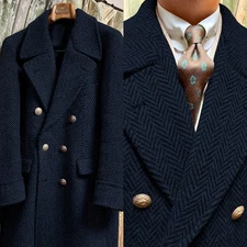 Wool Blend Men Coats Herringbone Outwear Long Overcoats Tweed Double Breasted