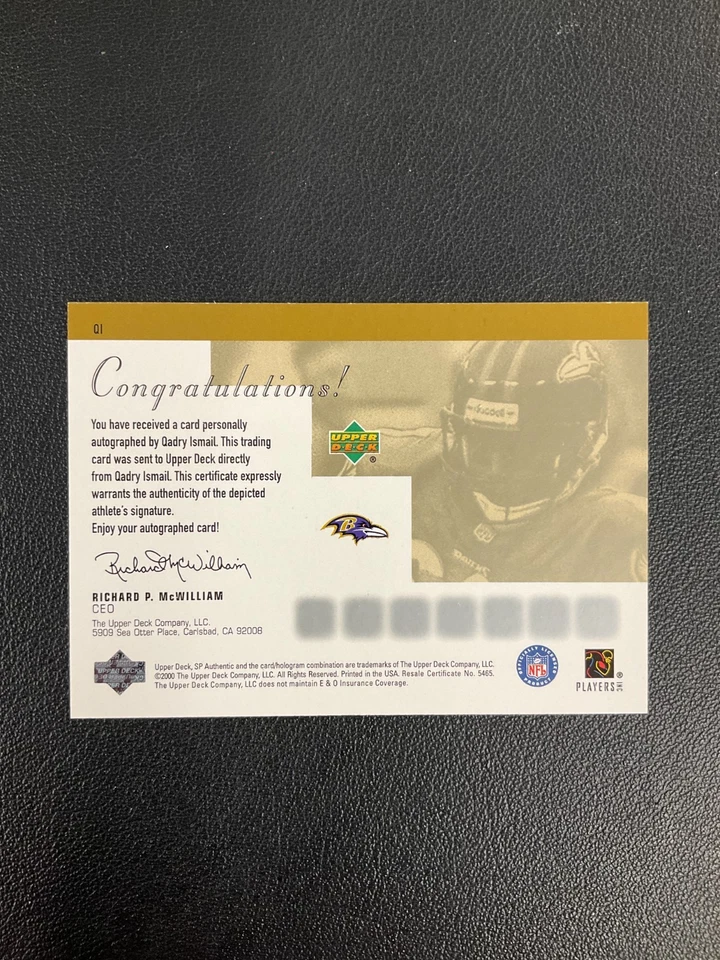 2000 Upper Deck SP #Q1 Qadry Ismail Sign of the Times Autograph Ravens No Reserv - Image 2 of 2