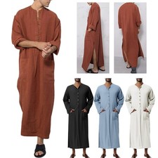 Herren Stehkragen Sommer Robe Kaftan Langarm Knopfshirt Muslim Kleidung Casual
