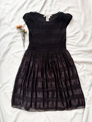 Max Studio Black Smocked Fit & Flare Dress Cap Sleeve Striped Satin Skirt Sz M