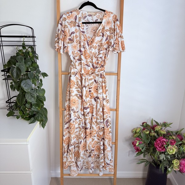 Iris Maxi Womens Maxi Wrap Dress Size 12 Cream White Boho Rayon Floral Lined