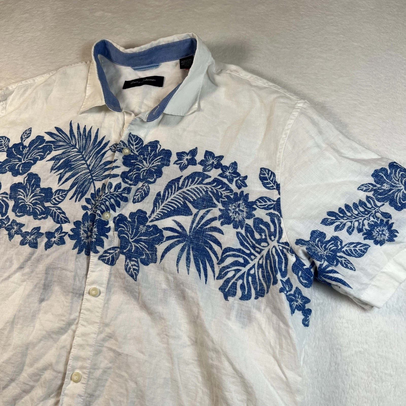 Tommy Bahama Shirt Mens 2XL White Blue Floral Linen Short Sleeve Button Up