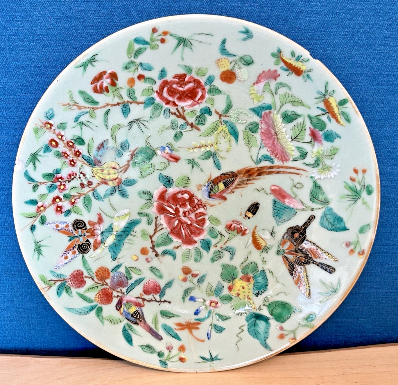 Antique Chinese Export Famille Rose Celadon Porcelain Plate 26cm 19th Century