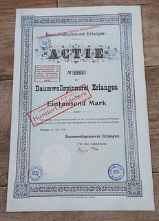 Aktie Baumwollindustrie AG Erlangen 1918 über 1000 Mark Wertpapier