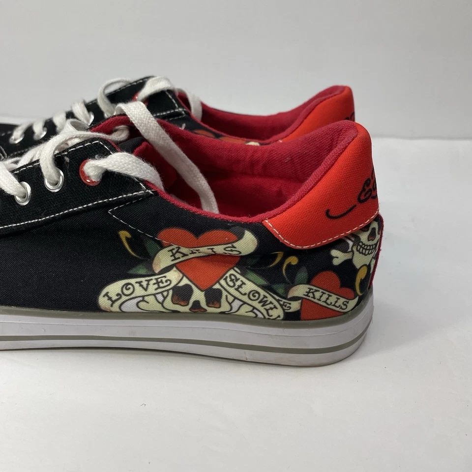 Ed Hardy 鞋 男式 9 黑色帆布低帮 Love Kills 慢慢心形头骨 — 第 3/4 张图片