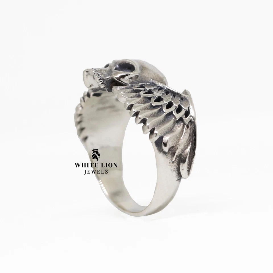 Gotico Punk Teschio Ali 925 Italiano Argento Sterling Biker Rider Uomo Bird Ring - Immagine 4 di 4