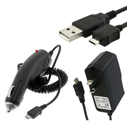 Micro USB Car Charger + Wall Home AC Travel Charger + USB Cable for Cell Phones