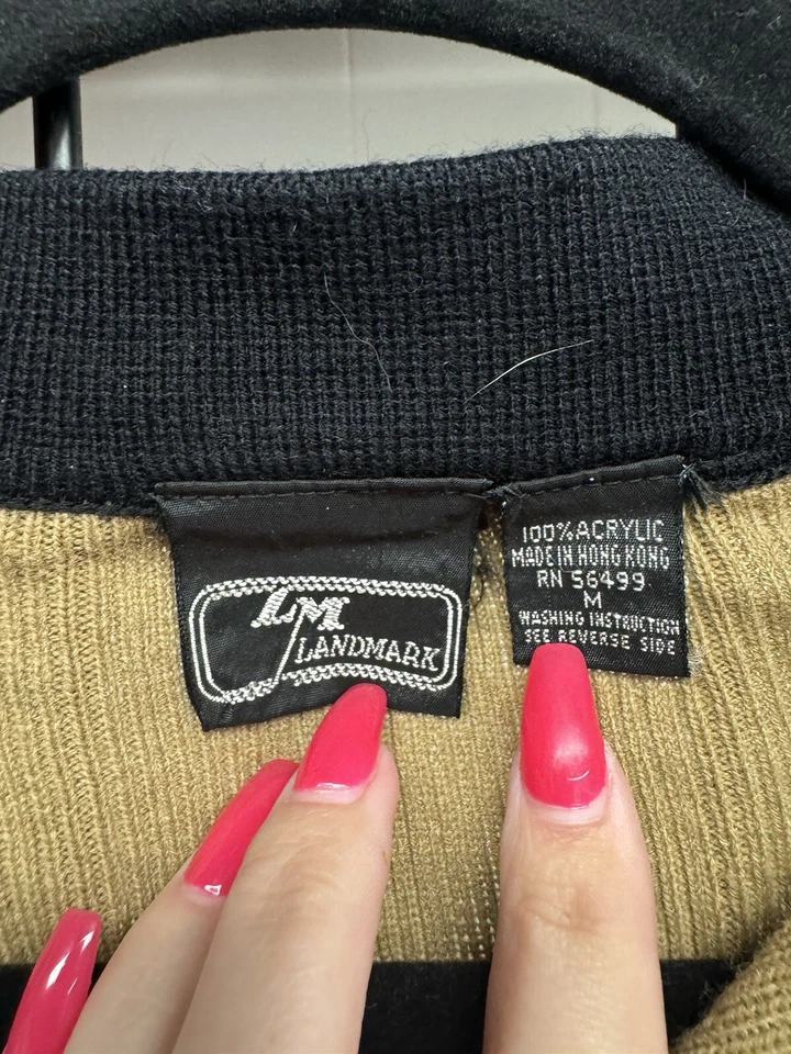 Vintage 1970s Landmark Yellow Striped V Neck Collared Sweater Size Medium - Image 3 of 4