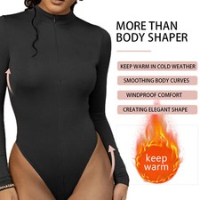 Women Mock Neck Fleece Lined Long Sleeve Turtleneck Bodysuit Casual Leotard Tops
