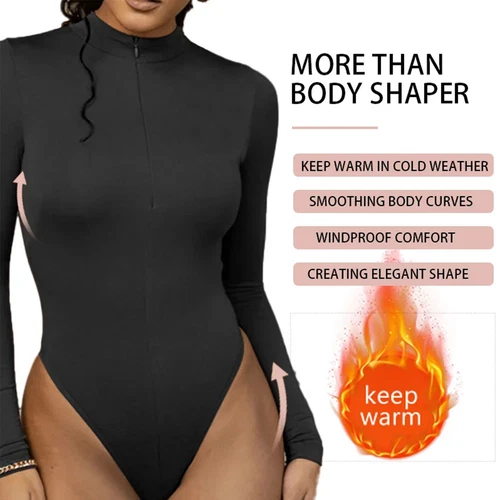 Body donna finto collo foderato in pile manica lunga girocollo casual body top - Foto 4 di 12