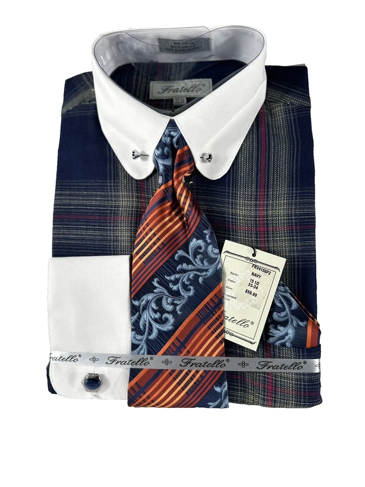 Camisa de vestir Fratello para hombre azul marino rojo melón crema corbata cuello pañuelo barra gemelos Foto 3 de 4