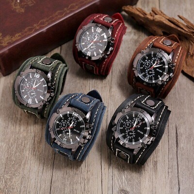 1Pcs Wide Leather Watch Cuff Band Brown Wrist Black Strap Punk Retro Quartz Mens