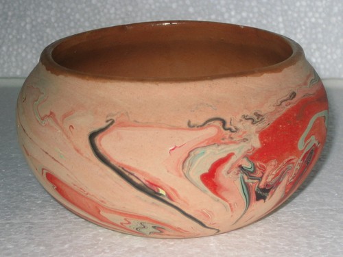 VINTAGE NEMADJI POTTERY LOW BOWL HEAVY COLORS OF ORANGE BLACK RED PLUS #187 - Picture 4 of 13