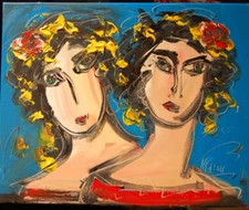 SISTERS   BY    KAZAV  ORIGINAL OIL  PAINTING -ABSTRACT POP ART 789T