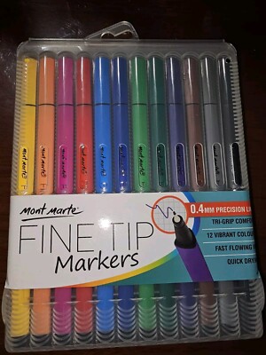 Mont Marte 0.4MM 12pk Fine Tip Quick Dry Asst  Colors Markers Tri Grip in Case 