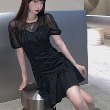 Lady Black Mesh Splicing Dress Short Sleeve Fishtail Drawstring Punk Gothic Club