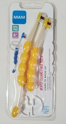 2 Pack MAM Learn To Brush Baby Toothbrush Set Yellow NIP