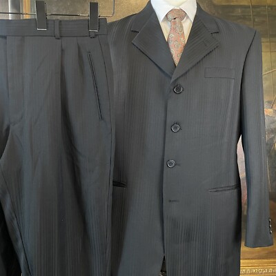 Zagato 40R 34 x 32 2 Piece Black Weave Stripe Wool Poly Blend 4 Button Suit