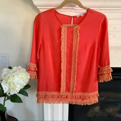 Haut En Soie Orange à Franges Anthropologie - Taille S - Occasion Très Bon état