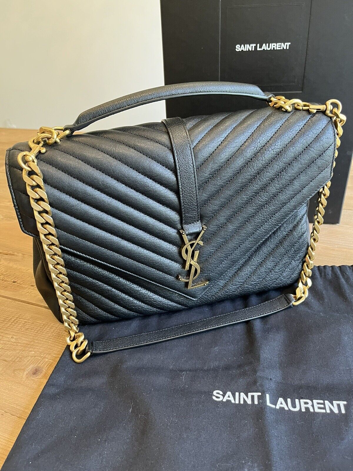 Saint Laurent YSL College Monogram Calfskin Large Black Gold Shoulder Bag  w/ Tag