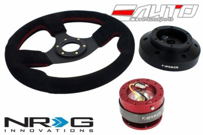 NRG 320mm Race Suede Red Stitch Steering Wheel + 101H Hub 2.0 Red Quick Release