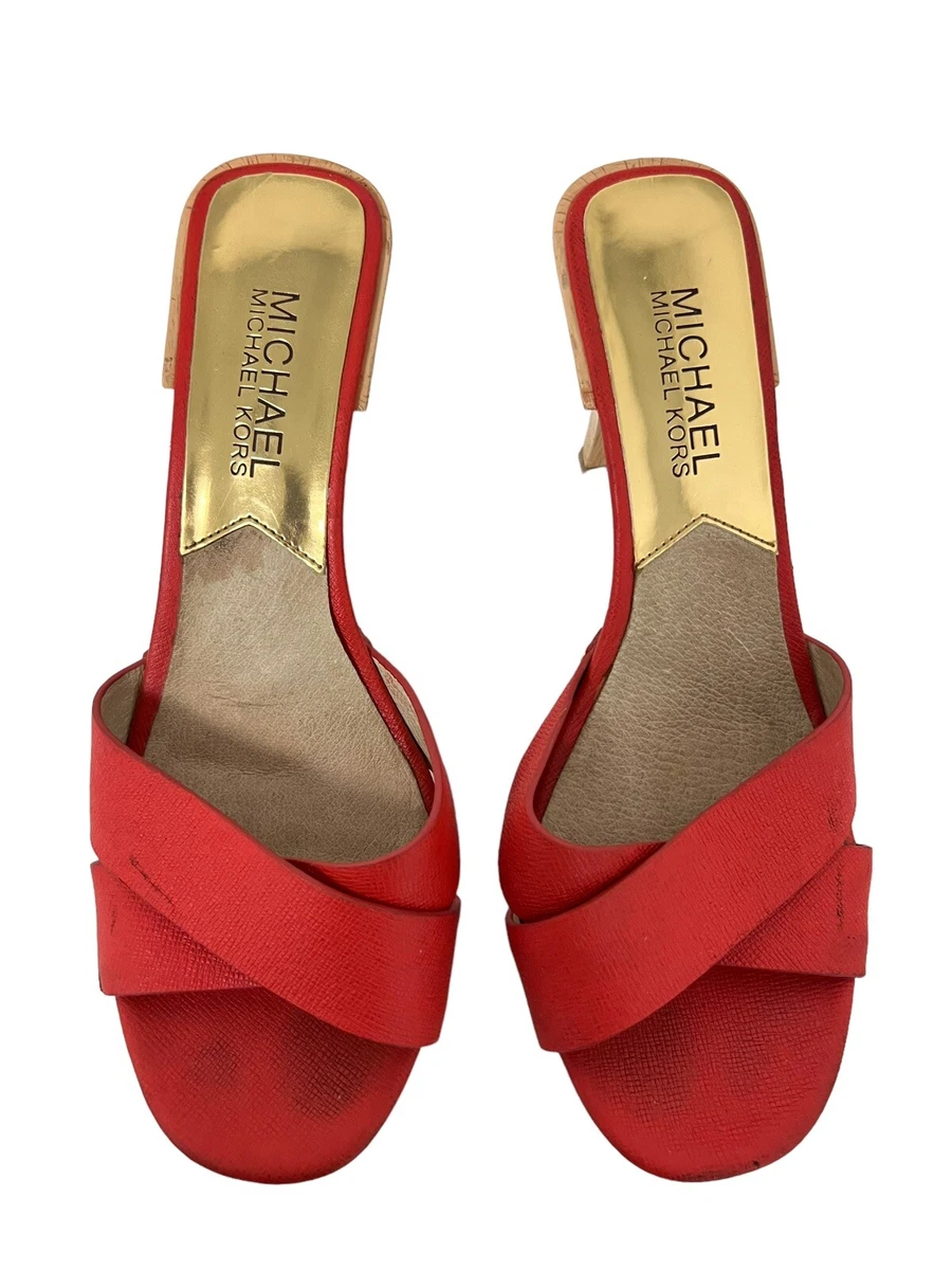 Michael Kors Women s Orange Saffiano Leather Slide Sandals Wood Heels size 6M